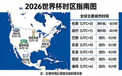 2026世界杯时区指南图，显示北美各场馆对应全球时间