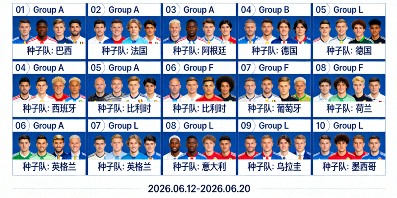 2026世界杯小组赛阶段12个小组48支球队分组概览示意图，包含各组种子队和比赛日期
