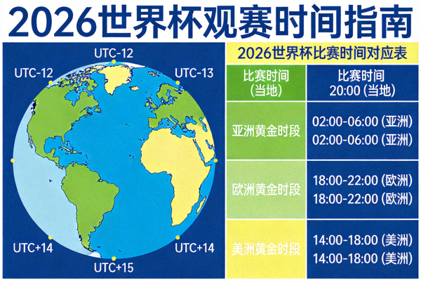 世界时区图与2026世界杯比赛时间对应表，标注亚洲、欧洲、美洲黄金观赛时段