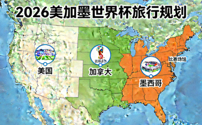 2026美加墨世界杯旅行规划缩略图，显示北美地图与比赛场馆标记