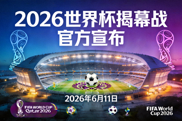 2026世界杯揭幕战官方宣布海报，显示大都会人寿体育场与2026年6月11日日期