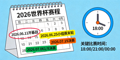2026世界杯赛程关键日期与比赛时间详解文章配图，显示日历与时钟图标