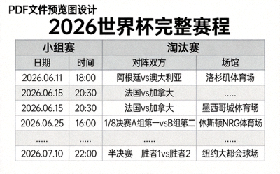 2026世界杯完整赛程PDF文件预览图，包含小组赛与淘汰赛所有场次日期、时间、对阵双方及场馆信息