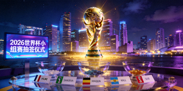 2026世界杯小组赛抽签仪式概念图，背景为迈阿密天际线与世界杯奖杯
