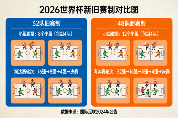 2026世界杯新旧赛制对比图，左侧为32队旧赛制，右侧为48队新赛制，展示小组数量与淘汰赛轮次变化