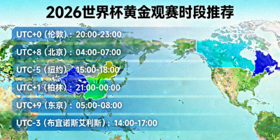 2026世界杯黄金观赛时段推荐图，展示全球不同时区的观赛时间