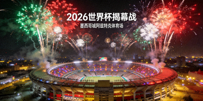 2026世界杯揭幕战概念图，墨西哥城阿兹特克体育场夜景，烟花与球场灯光交织