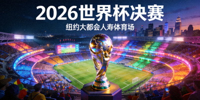 2026世界杯决赛概念图，纽约大都会人寿体育场全景，灯光璀璨，奖杯在中央