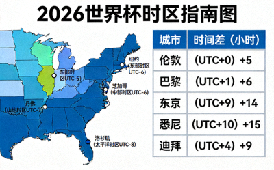 2026世界杯时区指南图，展示北美各场馆所在时区与全球主要城市时间对照