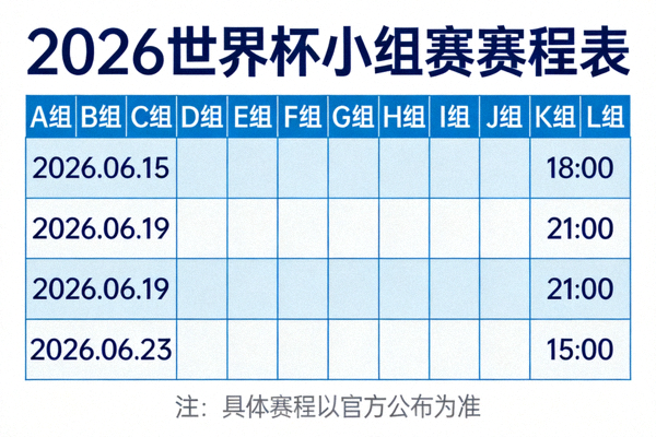 2026世界杯小组赛赛程表，展示12个小组的比赛日期与开球时间安排