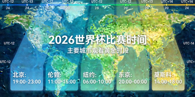 世界时区地图标注2026世界杯比赛时间，展示不同地区观赛黄金时段