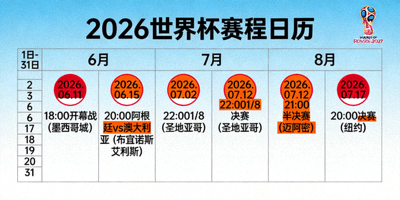 2026世界杯赛程日历，显示关键日期与比赛时间