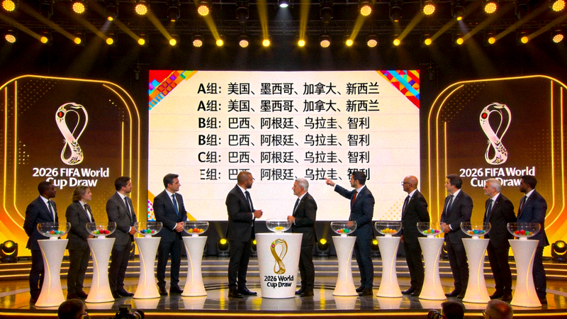 2026世界杯小组赛抽签仪式现场，大屏幕显示分组结果，各队代表在台上