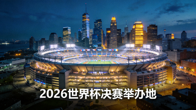 新泽西大都会人寿体育场夜景，2026世界杯决赛举办地，球场灯光璀璨，周围有城市天际线