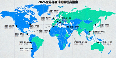 2026世界杯全球时区观赛指南地图，标注各主要城市对应比赛时间