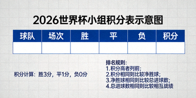 2026世界杯小组积分表示意图，展示积分计算与排名规则